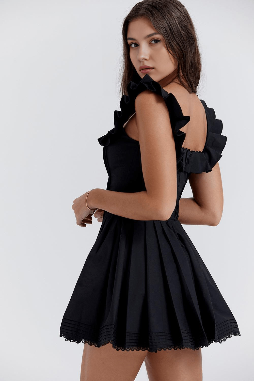 Square Neck Ruffle Strap Pintuck Flare Mini Dress 6