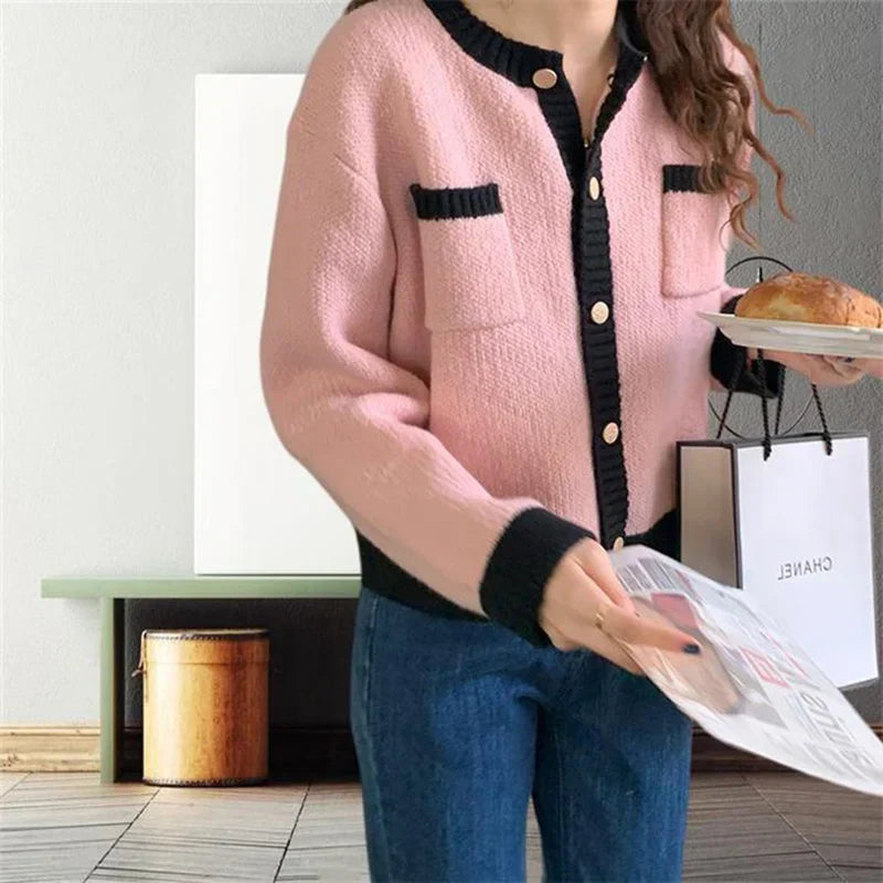 Patchwork Single Breasted Knit Long Sleeve Cardigan