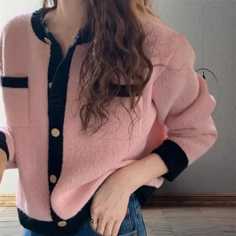 Patchwork Single Breasted Knit Long Sleeve Cardigan