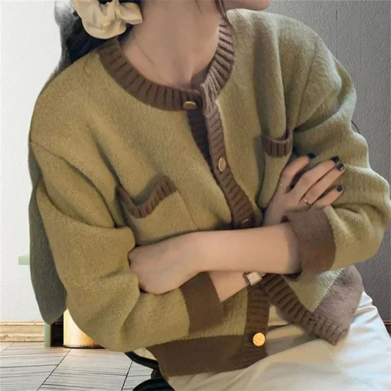 Patchwork Single Breasted Knit Long Sleeve Cardigan Green / One size(40kg-60kg) cardiagn-250126