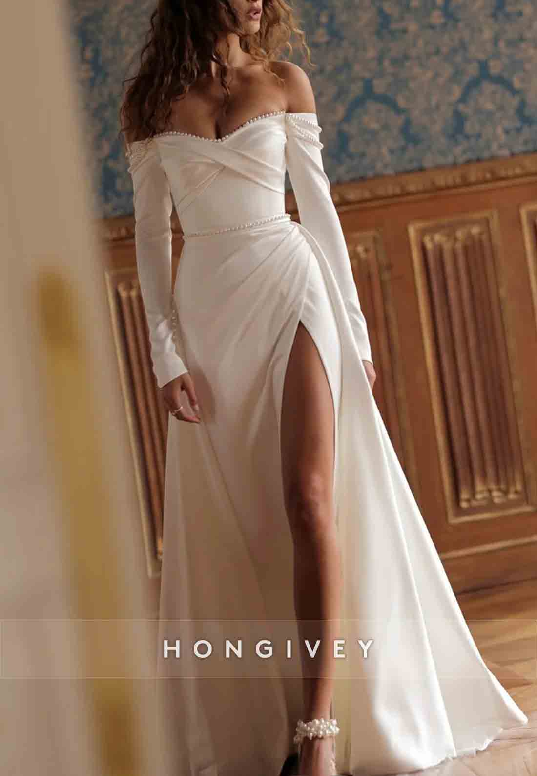 High Slit Off the Shoulder Long Sleeve Pleated Trim Wedding Dresses