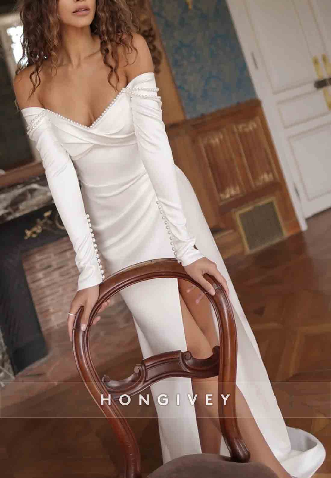 High Slit Off the Shoulder Long Sleeve Pleated Trim Wedding Dresses