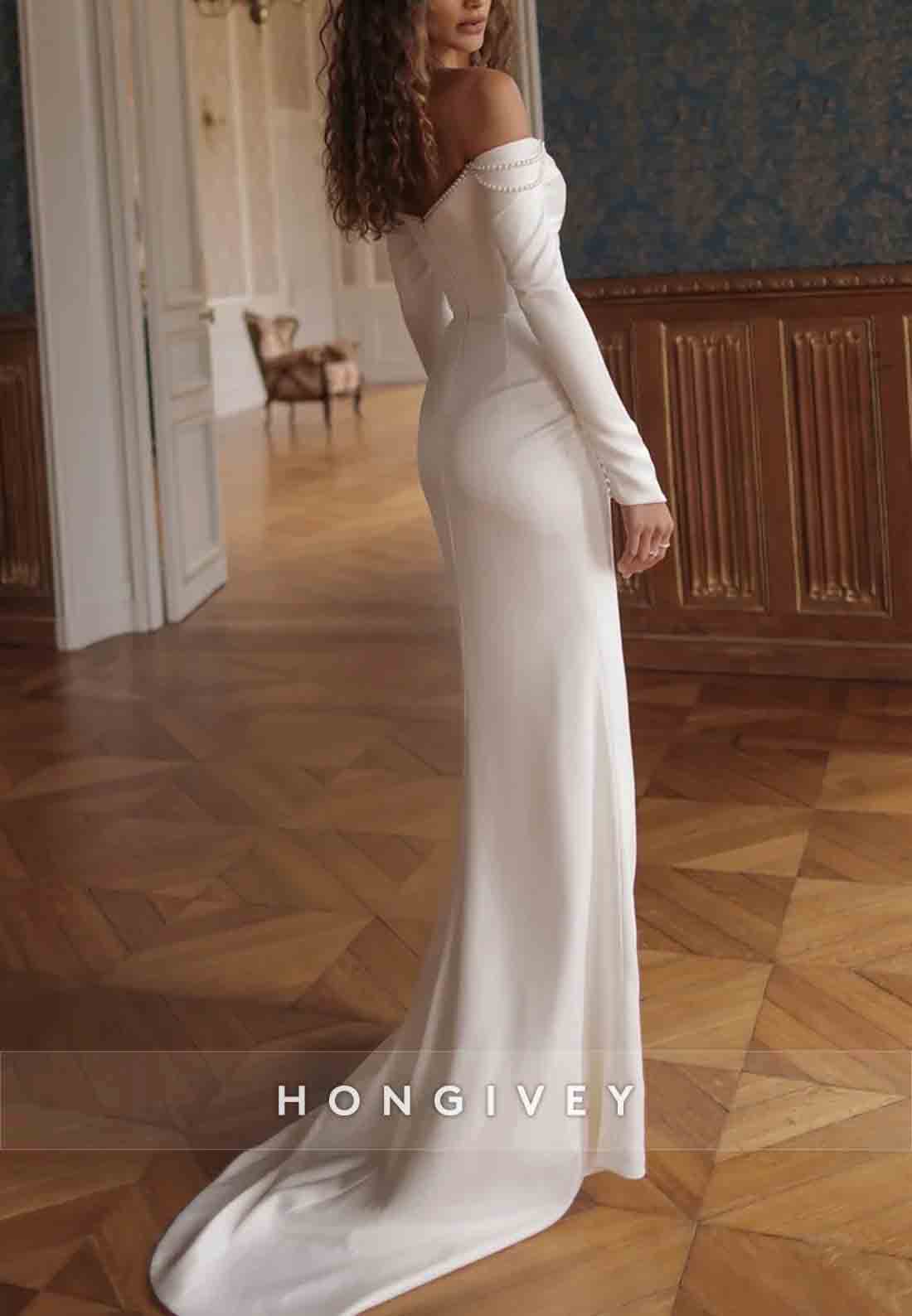 High Slit Off the Shoulder Long Sleeve Pleated Trim Wedding Dresses