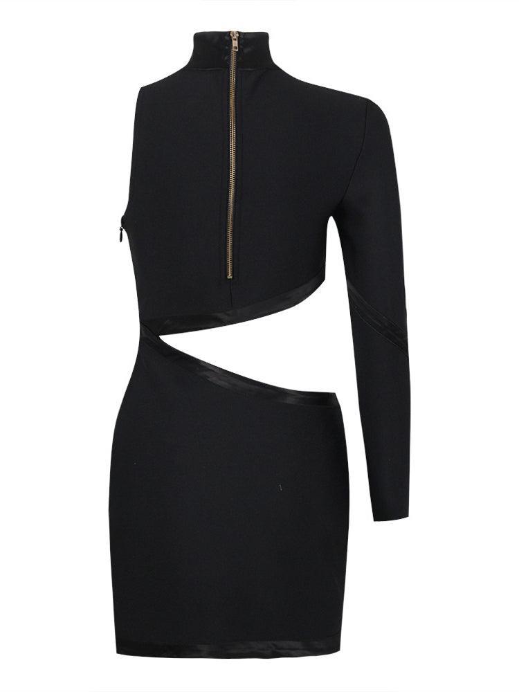 One Sleeve Mock Neck Metal Button Waist Cut Out Bandage Mini Dress - View 8