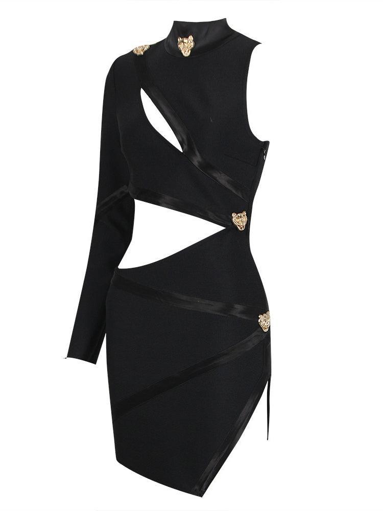 One Sleeve Mock Neck Metal Button Waist Cut Out Bandage Mini Dress - View 7