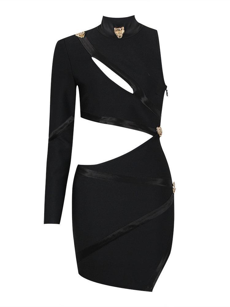 One Sleeve Mock Neck Metal Button Waist Cut Out Bandage Mini Dress - View 6