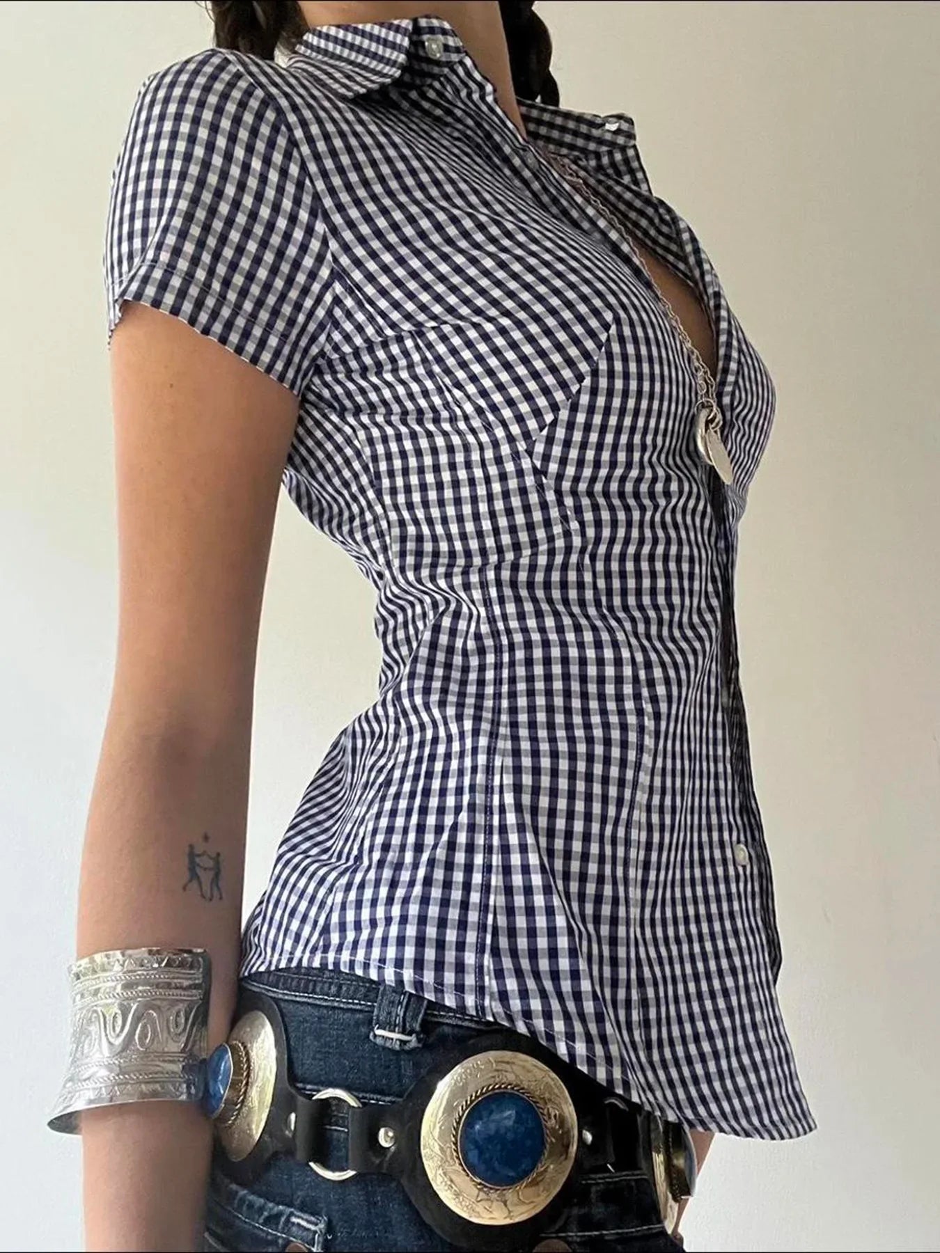 Plaid Slim Buttoned Up Blouse