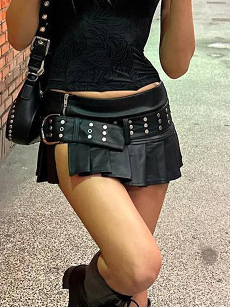Black Leather Belted Skirt