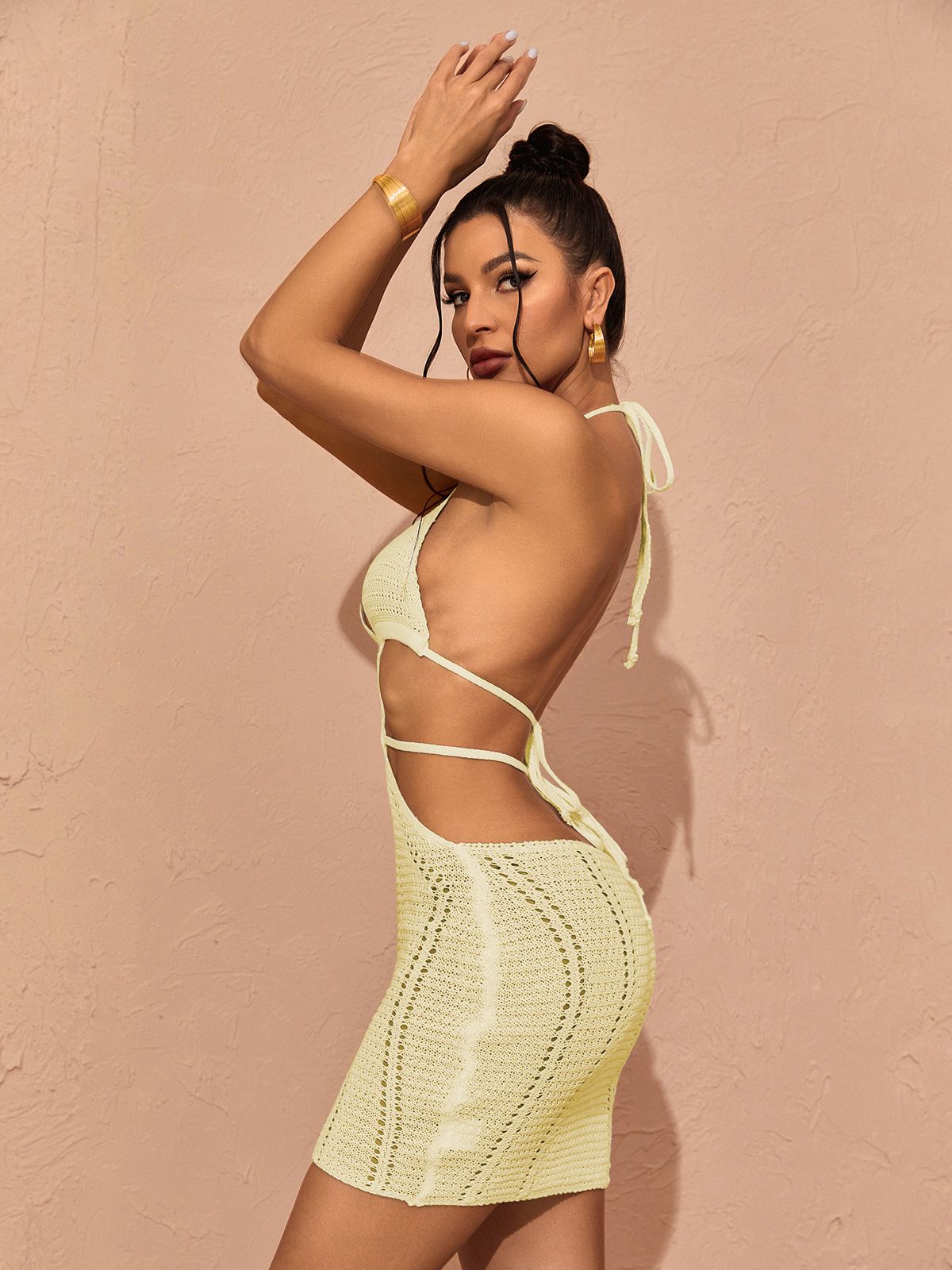 Rosalinda Halterneck Knit Mini Dress In Yellow