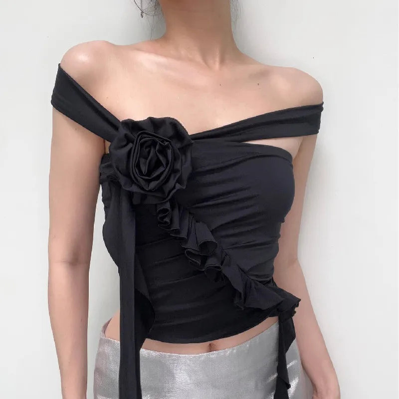 Rose Bandage Off Shoulder Halter Backless Bare Midriff Tube Crop Top