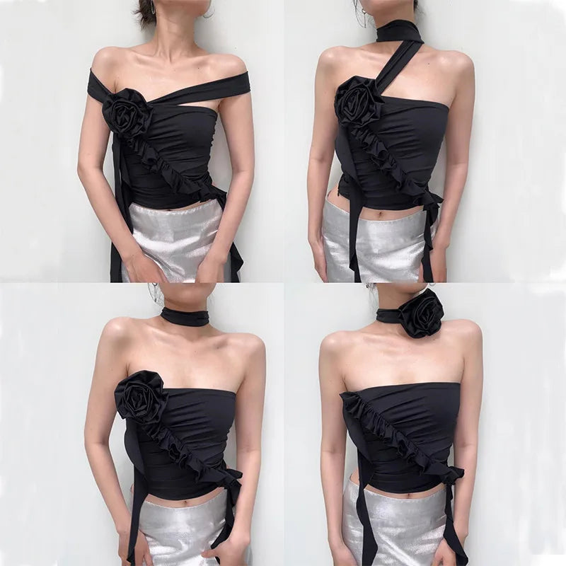 Rose Bandage Off Shoulder Halter Backless Bare Midriff Tube Crop Top