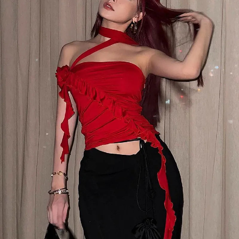 Rose Bandage Off Shoulder Halter Backless Bare Midriff Tube Crop Top