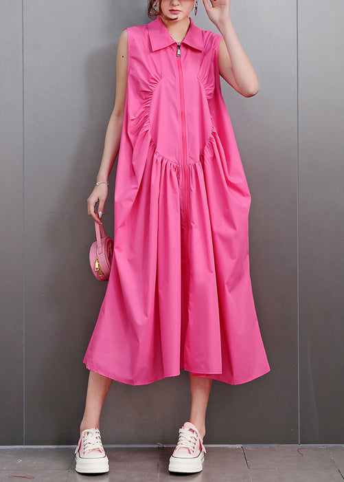 Sleeveless Collar Zip Front Curved Seam Gathered Lantern Midi Dress
