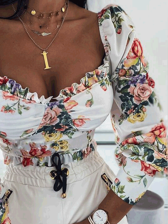 Rose Square Neck Long Sleeve Blouse - Fashionpara