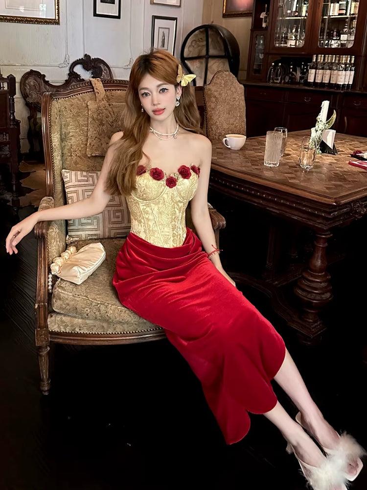 Brocade 3D-Rose Strapless Corset Velvet Midi Dress 2