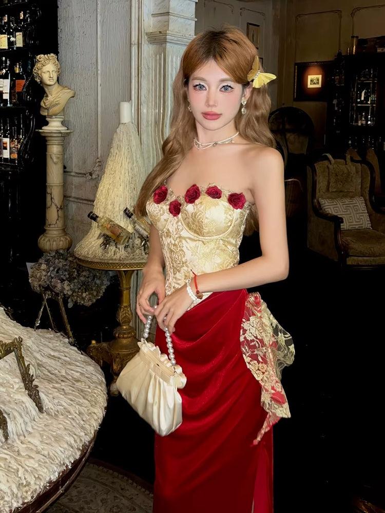Brocade 3D-Rose Strapless Corset Velvet Midi Dress 3