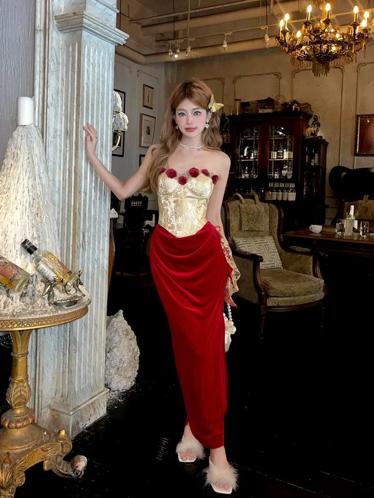Brocade 3D-Rose Strapless Corset Velvet Midi Dress 4