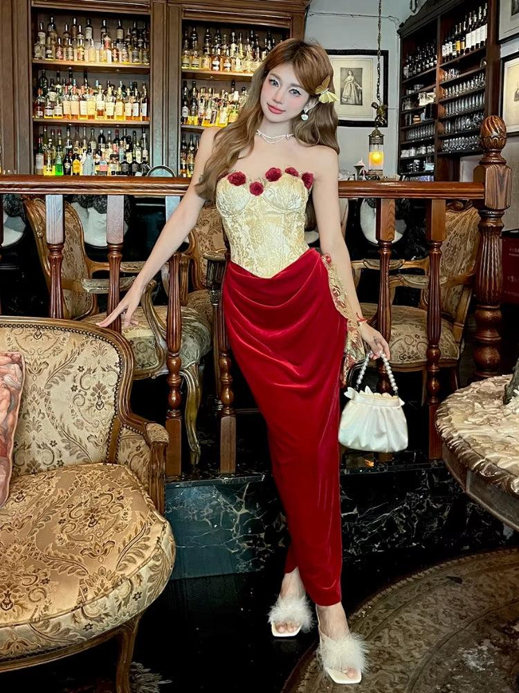 Brocade 3D-Rose Strapless Corset Velvet Midi Dress 5