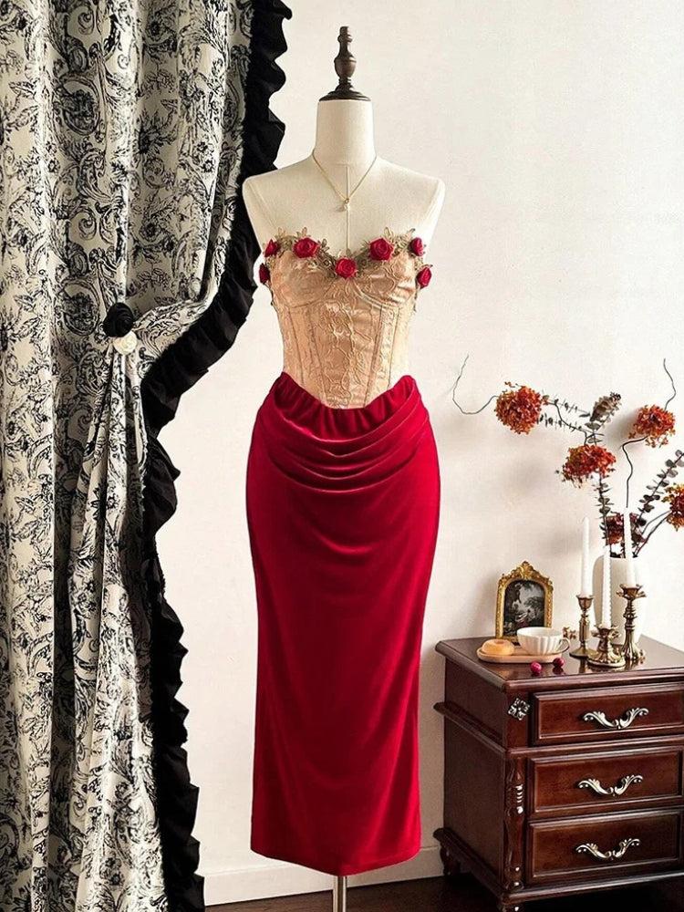 Brocade 3D-Rose Strapless Corset Velvet Midi Dress 6