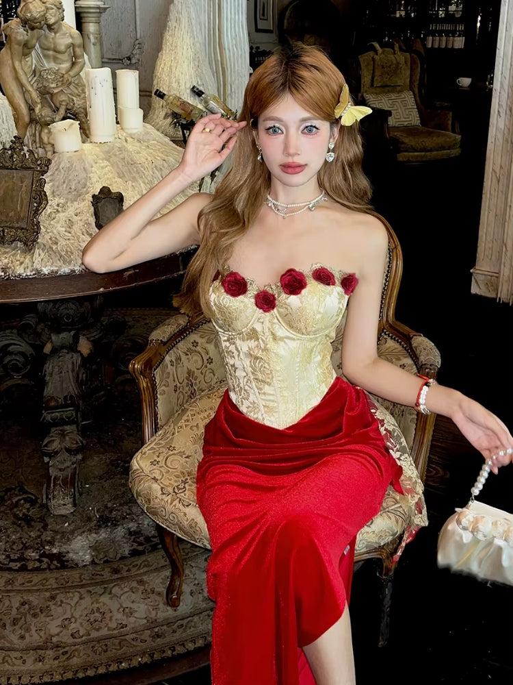 Brocade 3D-Rose Strapless Corset Velvet Midi Dress