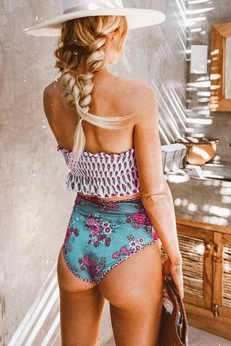 Rose Printed Smocked Strapless 2 Piece High Waist Swimwear