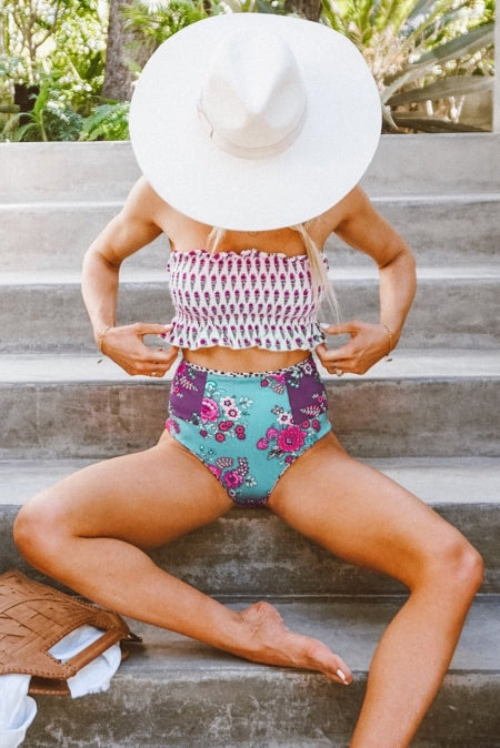 Rose Printed Smocked Strapless 2 Piece High Waist Swimwear