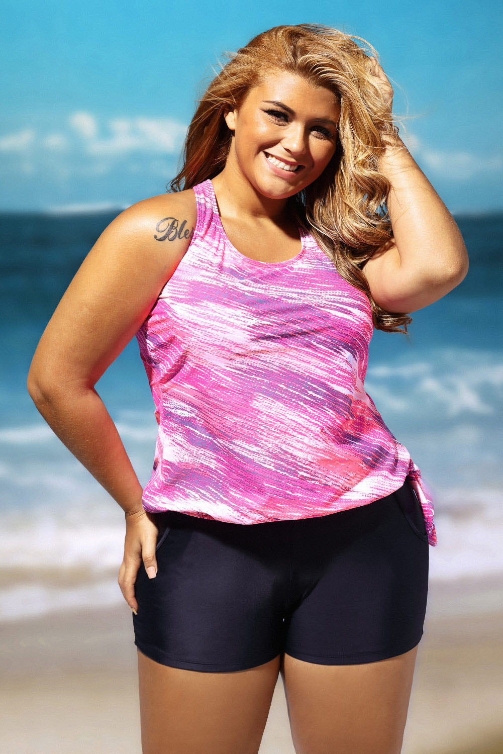Rosy Print Blouson Tankini Swimsuit with Black Board Shorts