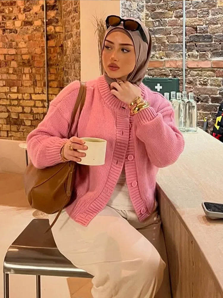 Solid Color Round Neck Cardigan