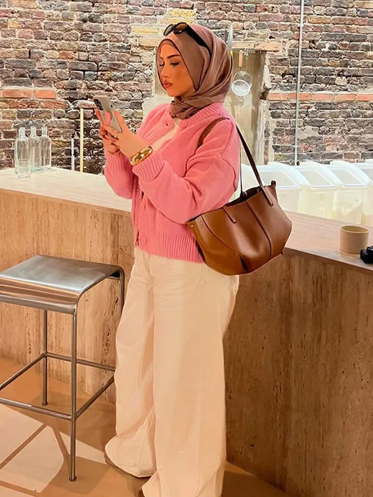 Solid Color Round Neck Cardigan