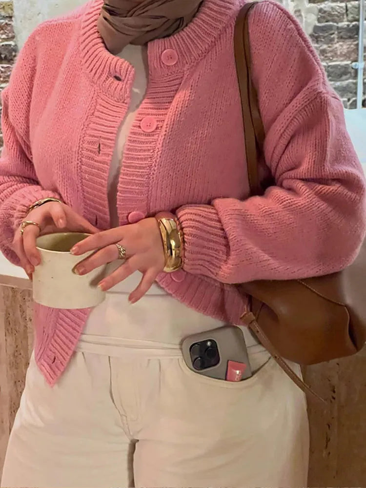 Solid Color Round Neck Cardigan
