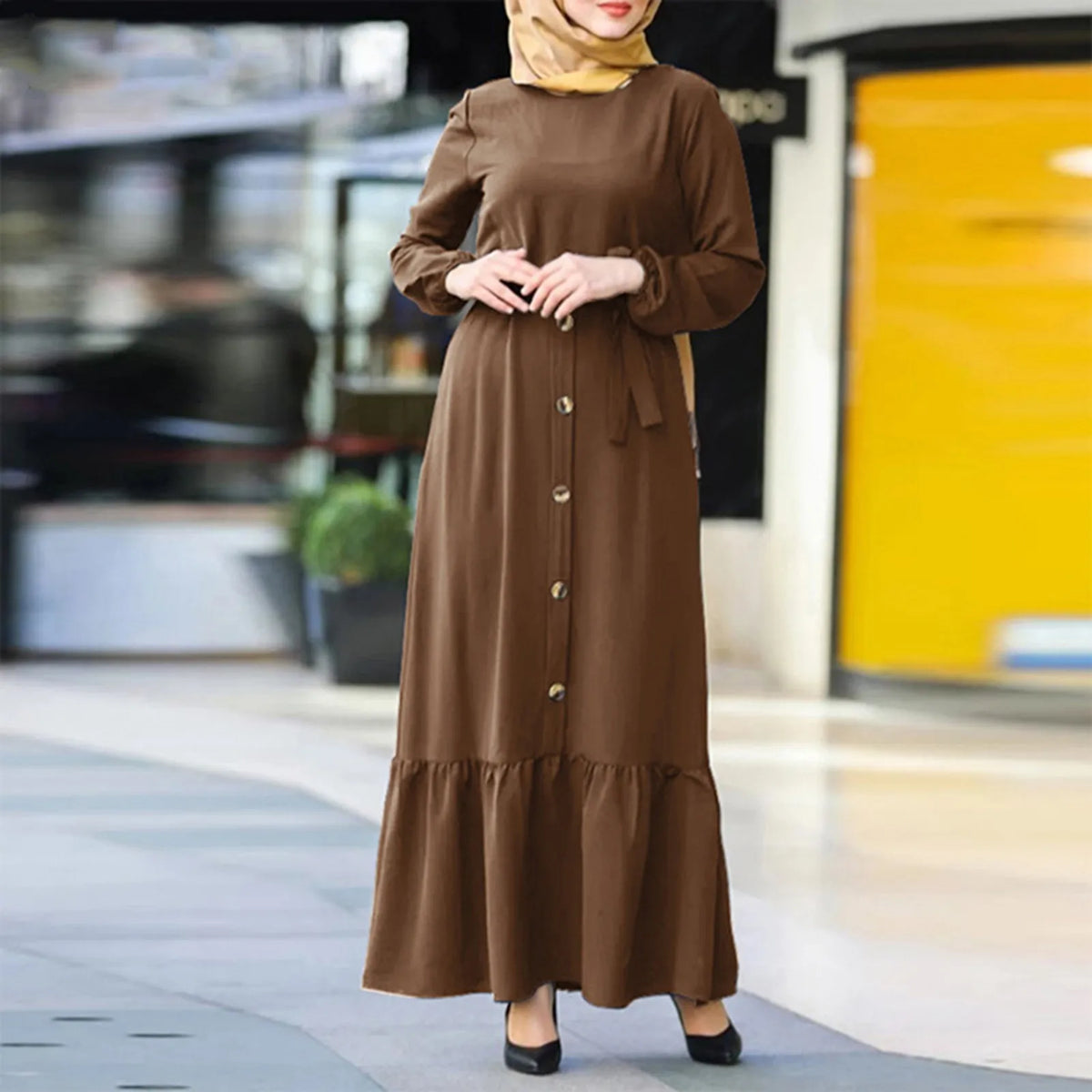 Round Neck Muslim Robe Jilbab Abaya Hijab Islamic Clothing Solid Long Sleeve Ramadan Maxi Caftan Marocain Dress 10