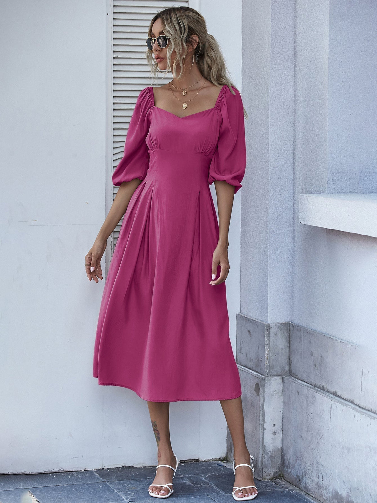 Sweetheart Puff Sleeve Fit & Flare Midi Dress