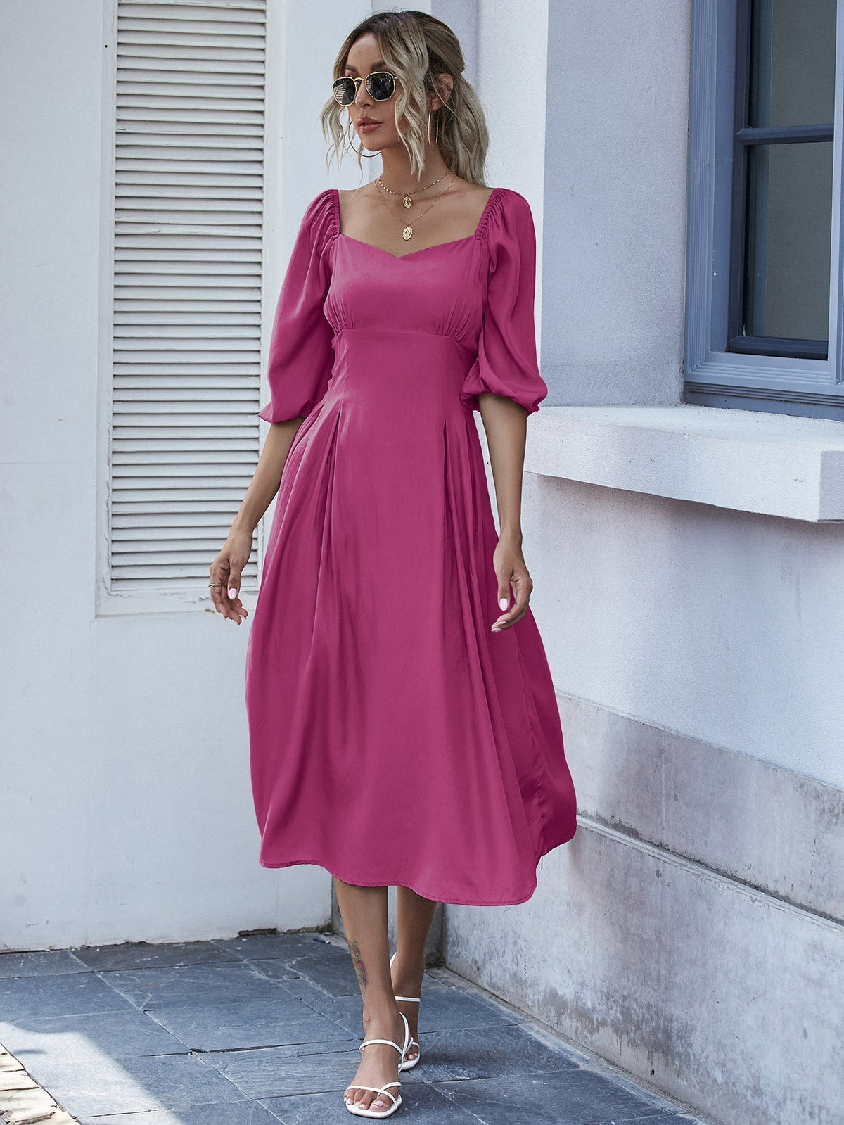 Sweetheart Puff Sleeve Fit & Flare Midi Dress