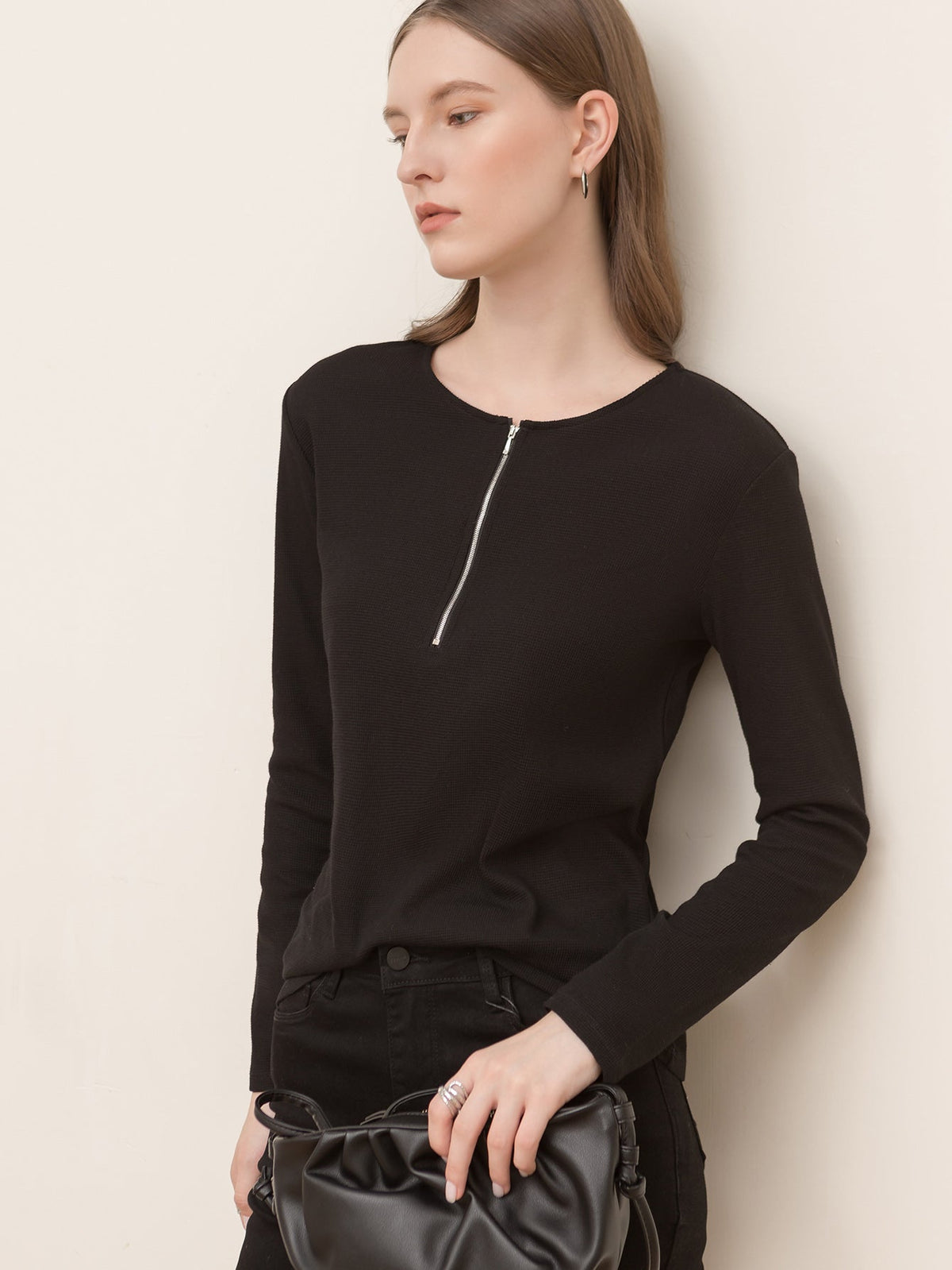 KittenAlarm - Round neck zipper solid color long-sleeved loose crop top