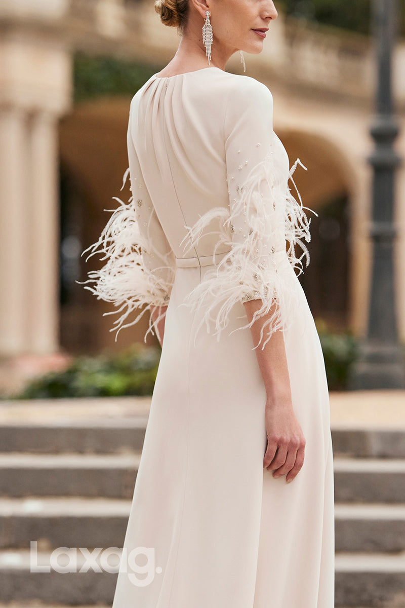 23003 - Round Half Sleeves PantSuit Feathers Beaded Mother Of the Bride Dress
