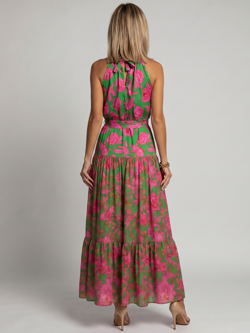Floral Halter Neck Sleeveless Tiered Belted Maxi Dress 4