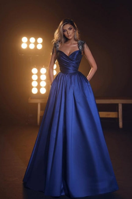 Royal Blue Sleeveless A-Line Sweetheart Princess Evening Dress - Fashionpara