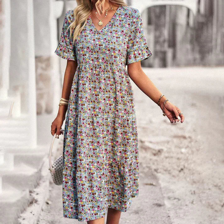 V-Neck Flutter Sleeve Floral Tiered Midi Dress