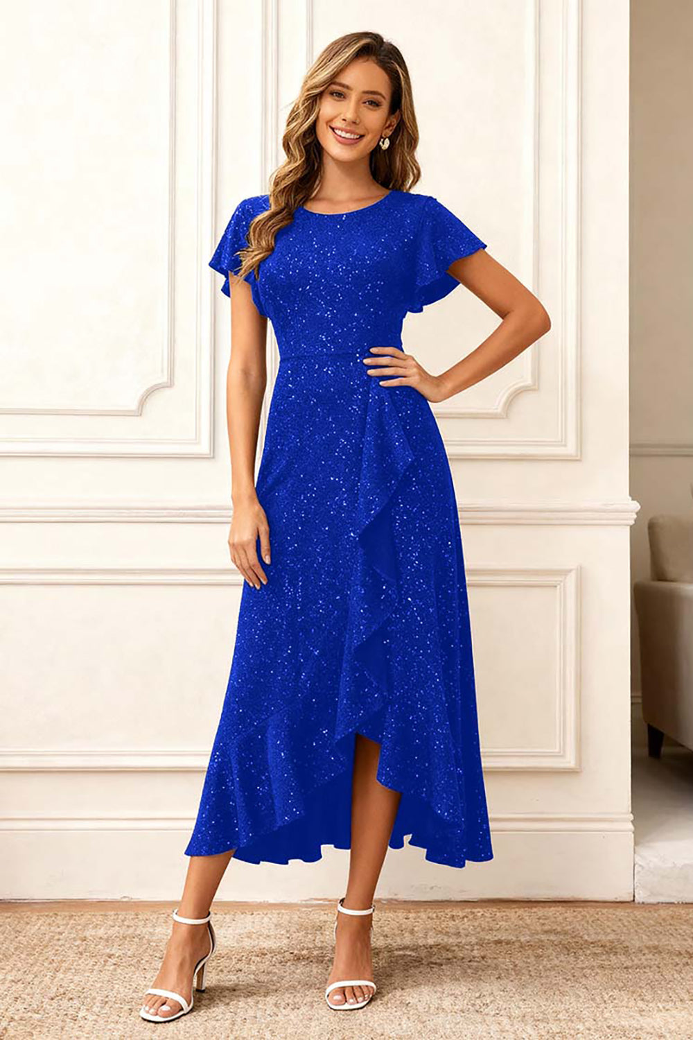 Black Round Neck Midi Glitter Holiday Party Dress with Sleeves