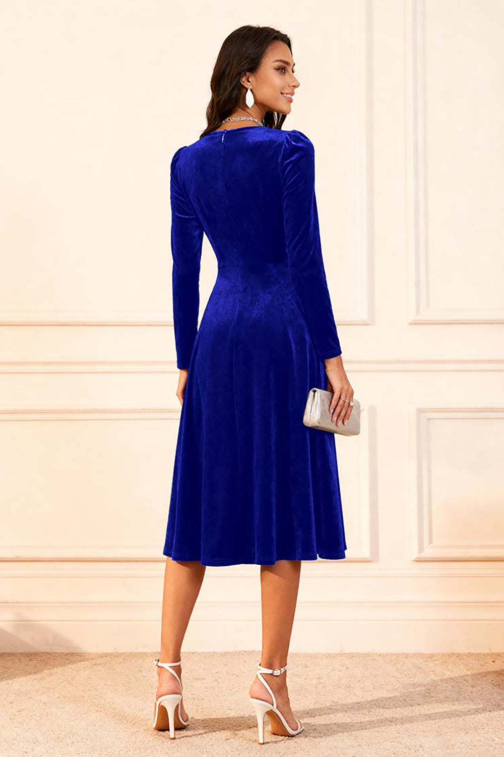 Dark Green A Line Velvet Midi Glitter Holiday Party Dress with Sleeves