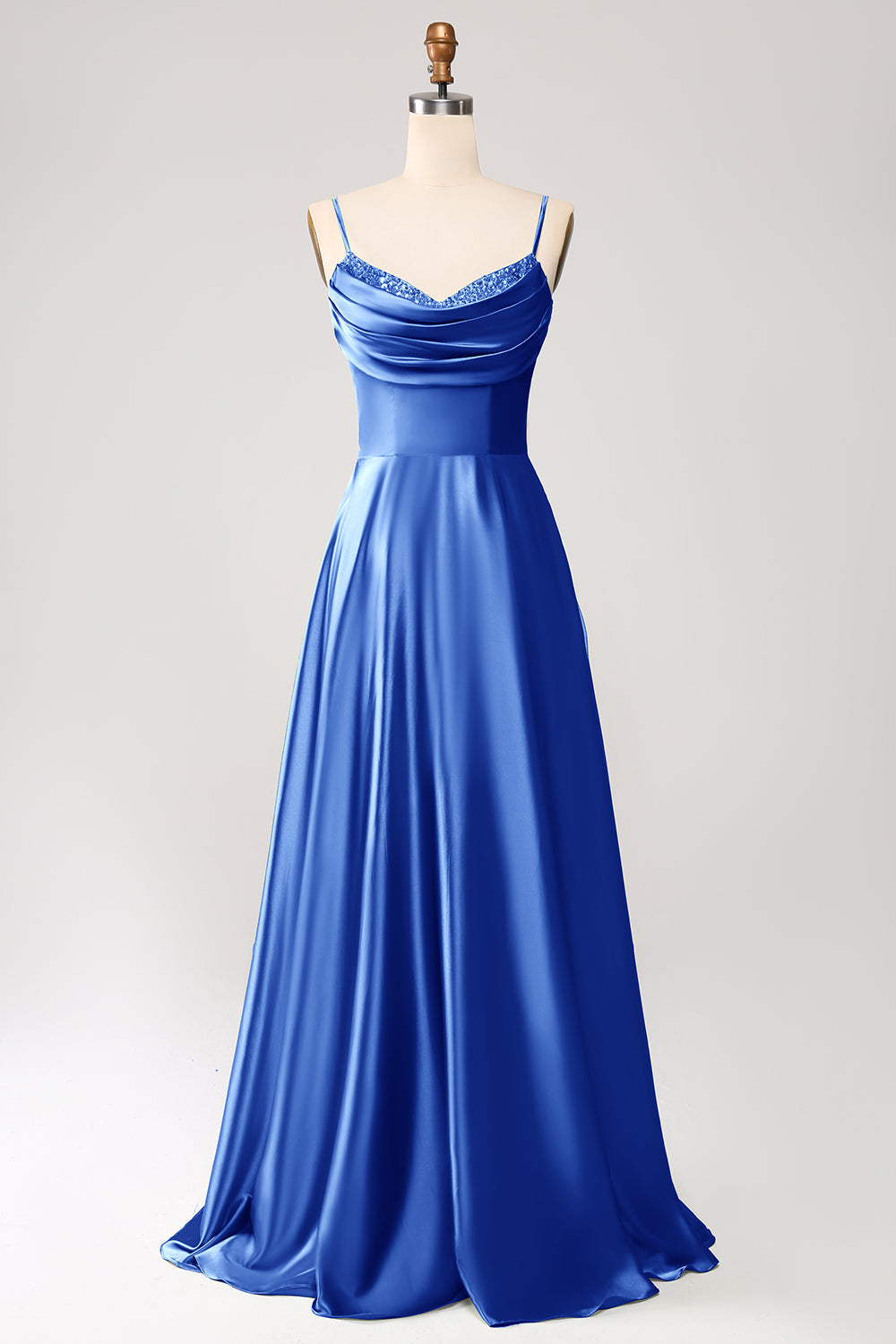 Dusty Sage A Line Cowl Neck Satin Long Prom Dress with Pleated