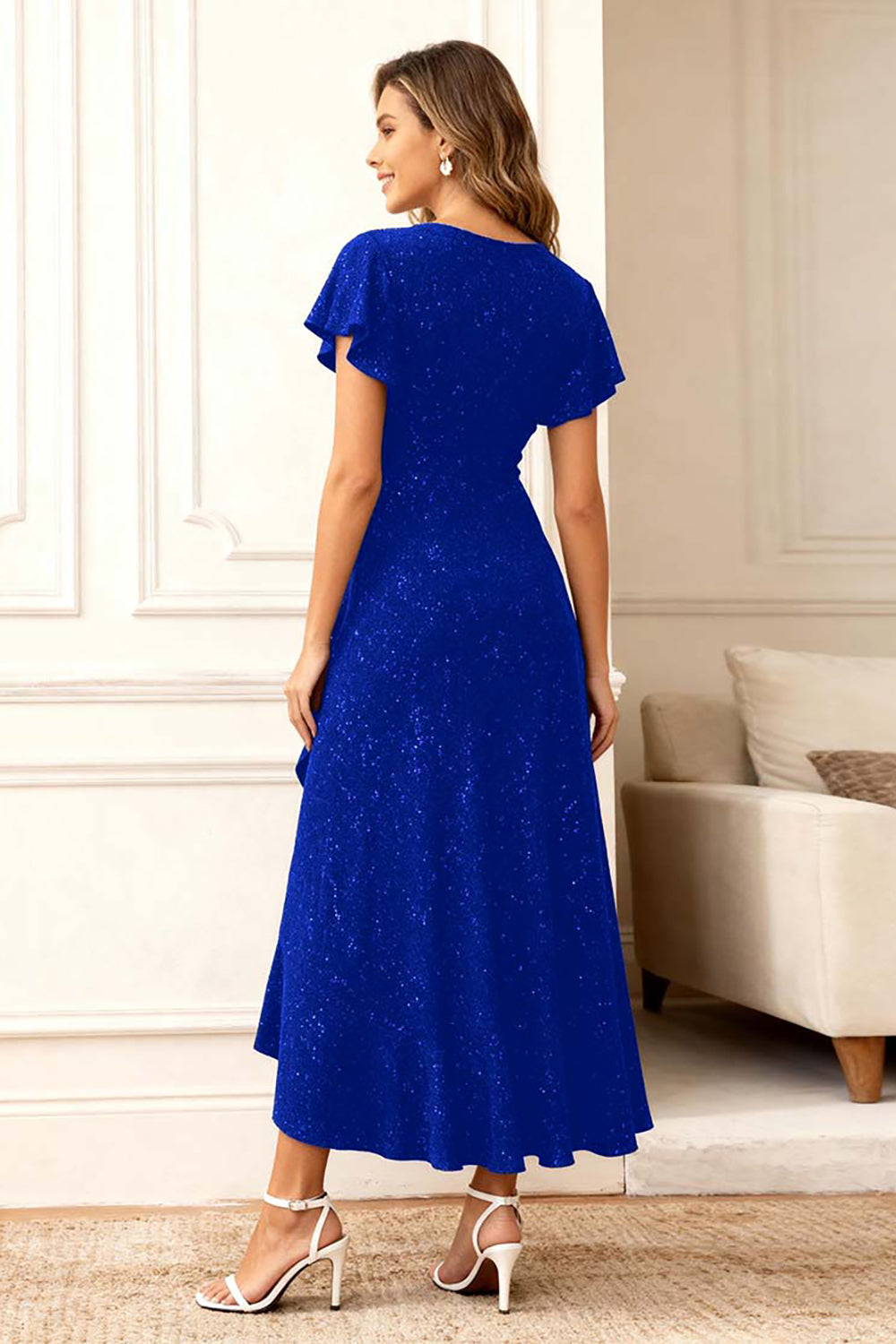 Black Round Neck Midi Glitter Holiday Party Dress with Sleeves