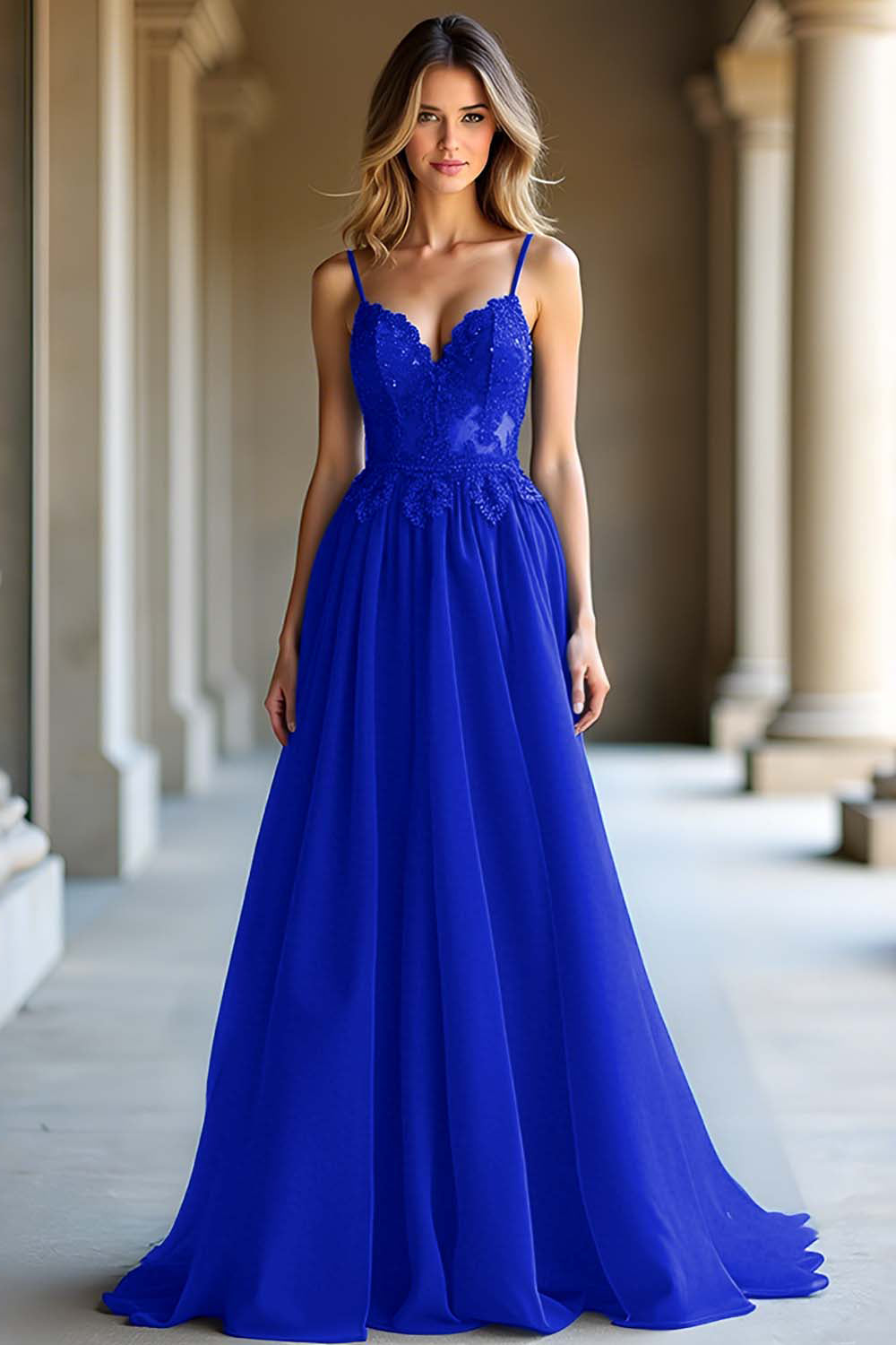Elegant Dark Blue Spaghetti Straps Prom Dress with Appliques