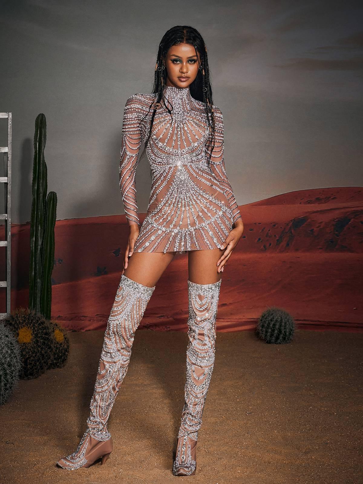 Long Sleeve Embellished Mesh Mini Dress