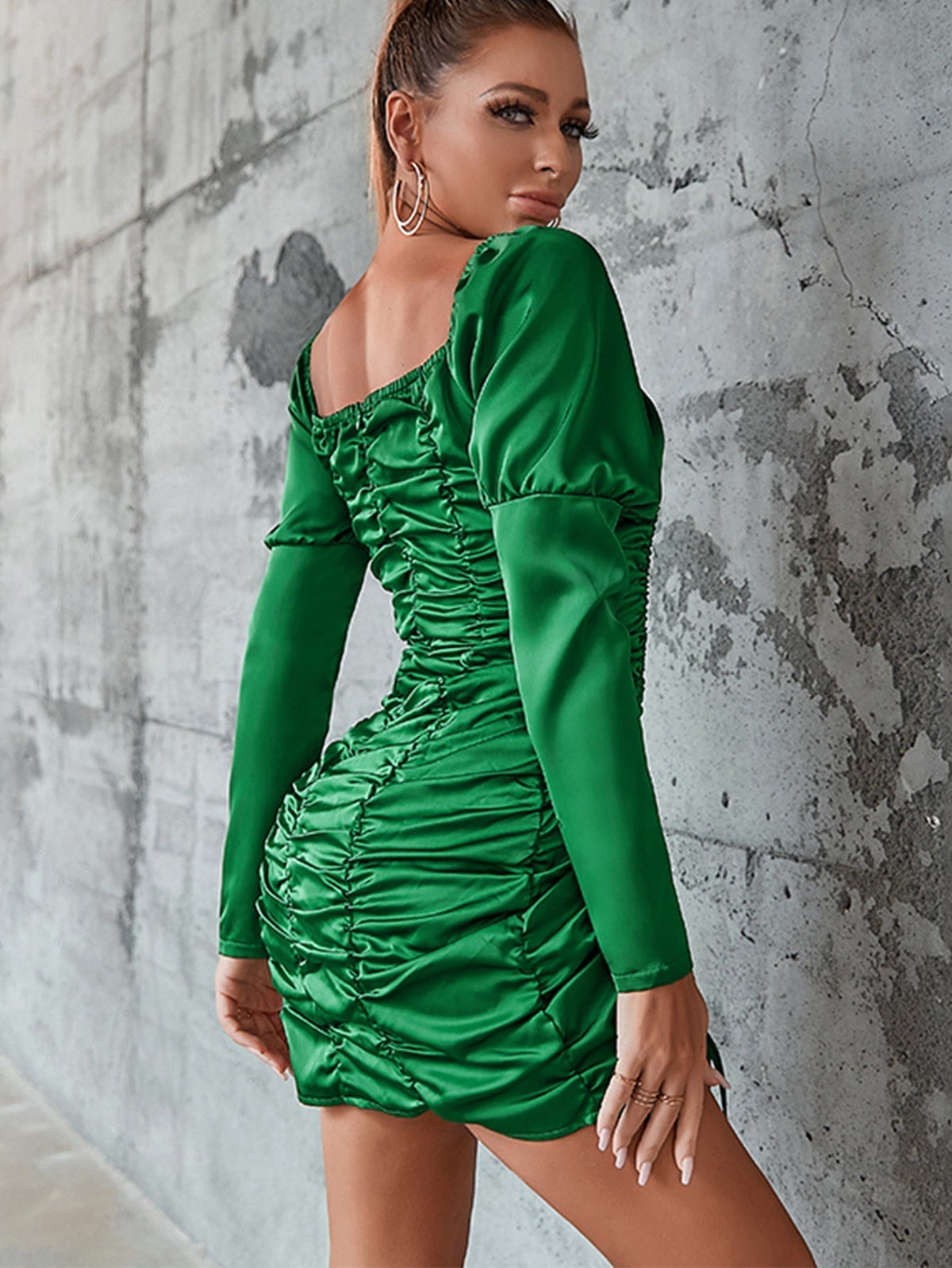 Satin Off Shoulder Long Sleeve Ruched Bodycon Mini Dress