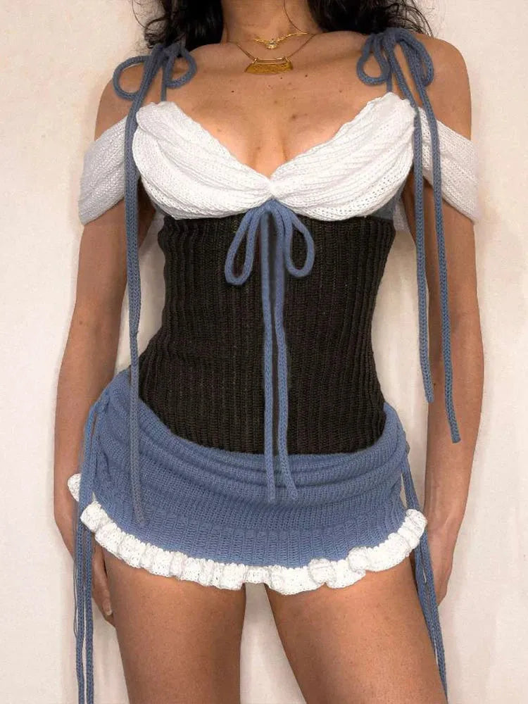 Ribbed Ruffle-Hem Knit Bustier and Mini Skirt Set