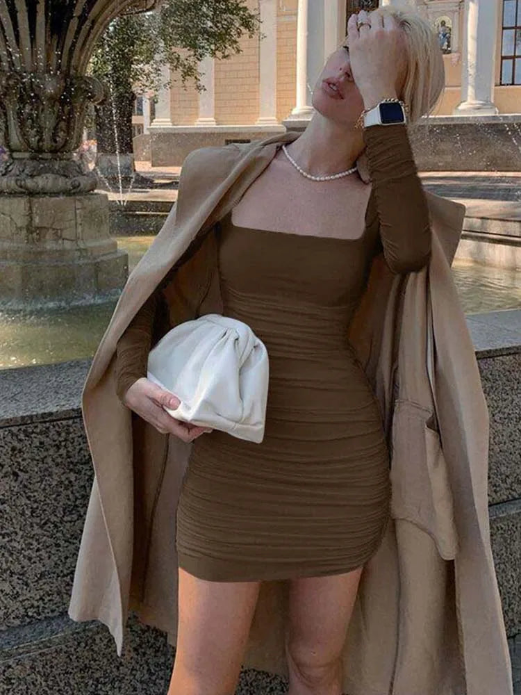 Ruched Square-Neck Long-Sleeve Bodycon Mini Dress 10