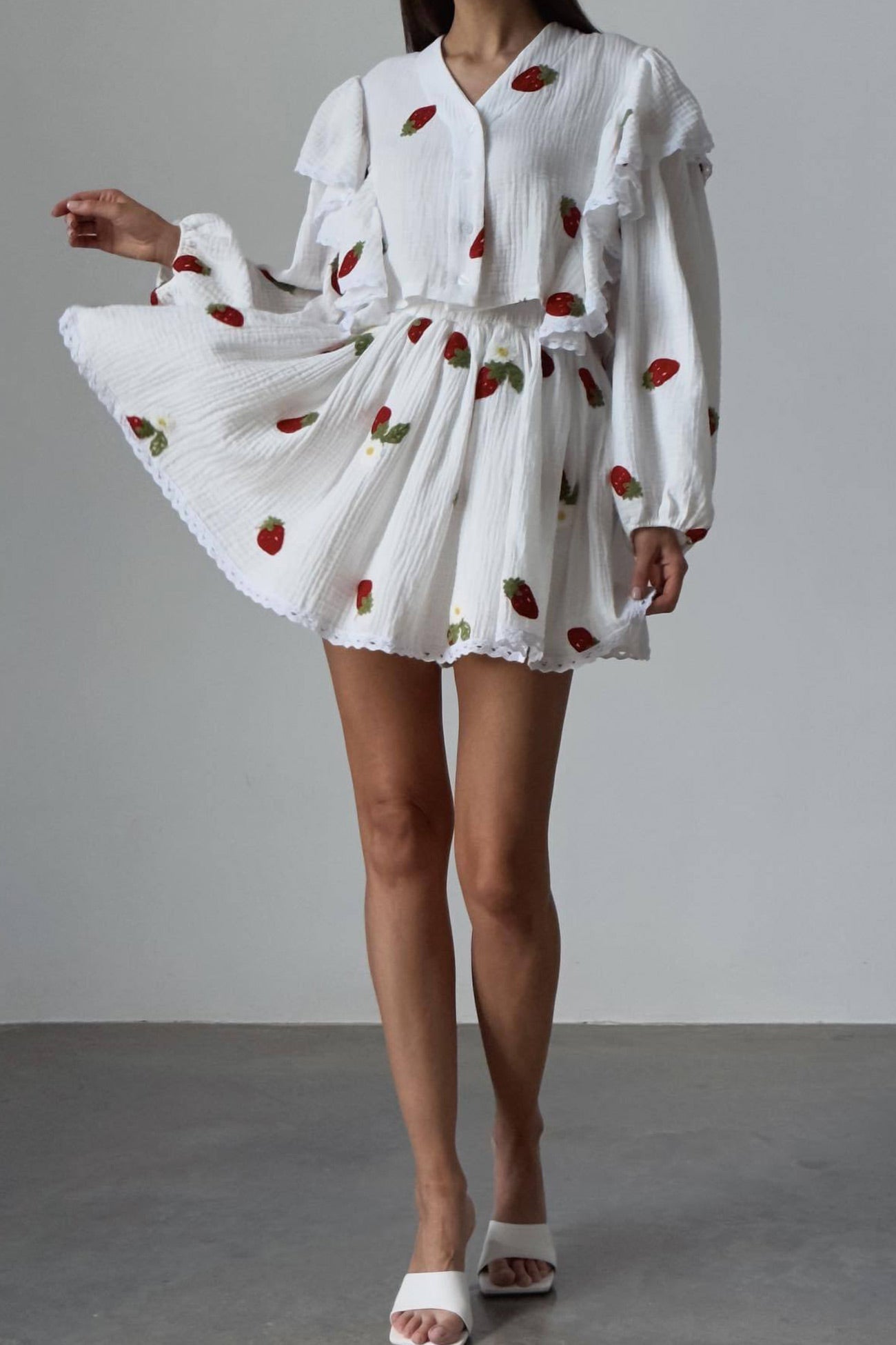 Ruffle Sleeve Printed Crop Top Skirt Suits