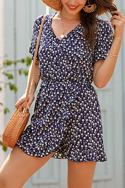 Ruffle Trim Frilled Waist Floral Romper - Mislish
