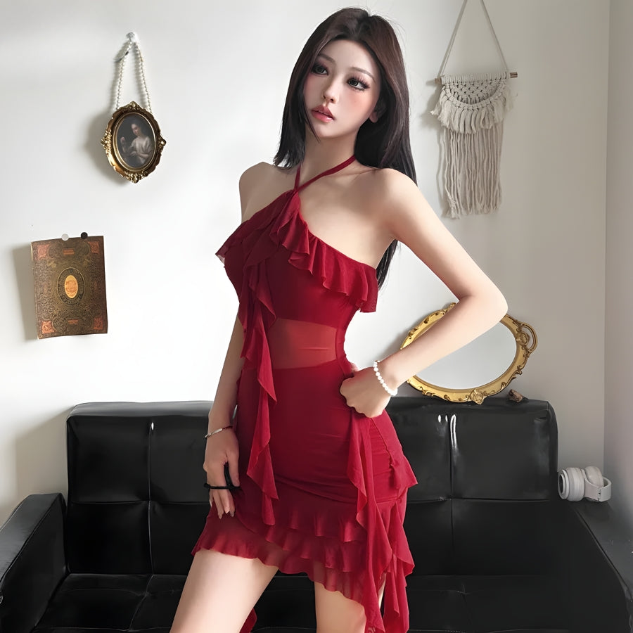 Ruffled Halter Neck Asymmetric Mesh Mini Dress 3